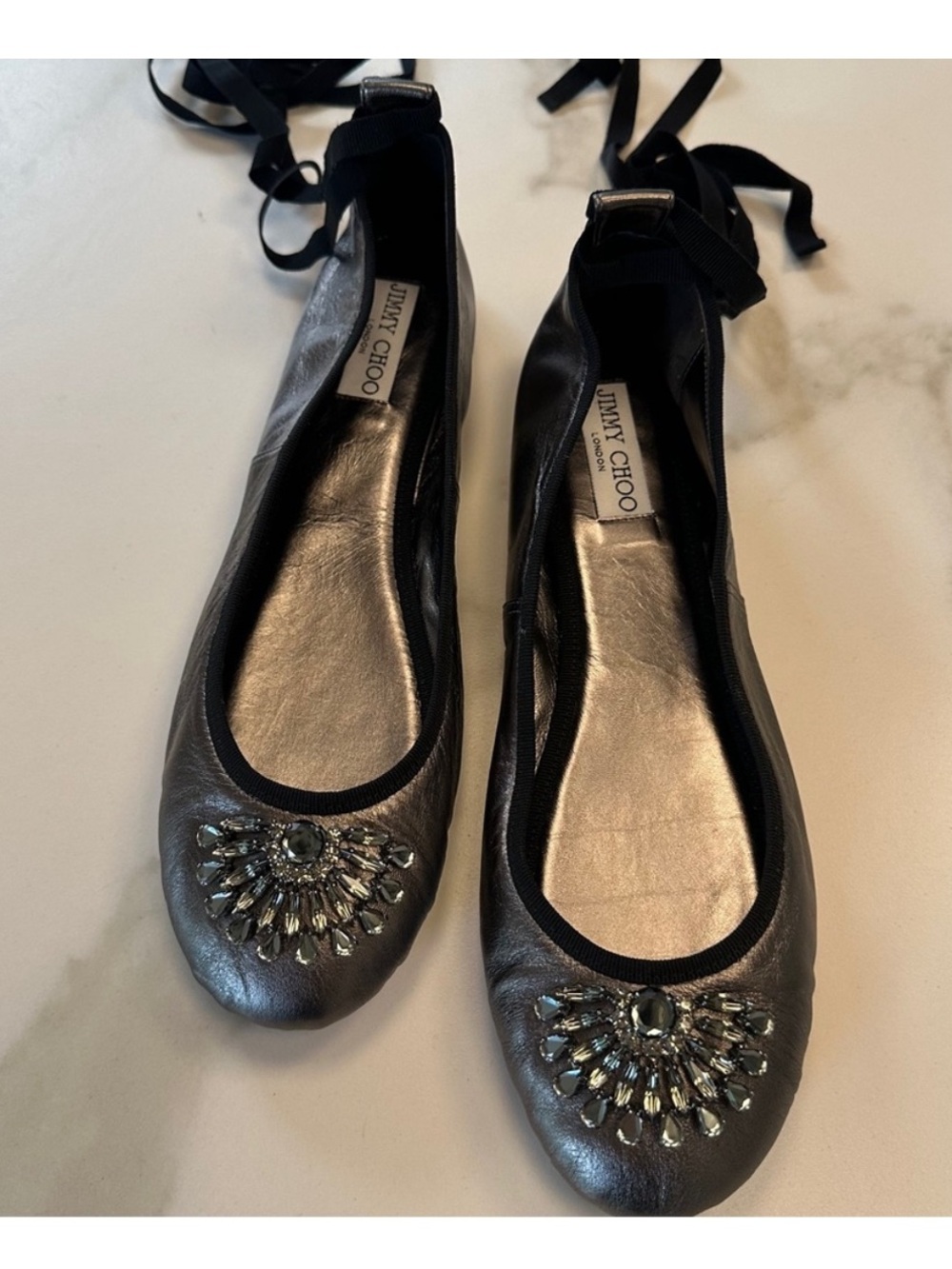 Jimmy Choo Grace Anthracite Metallic Nappa Ballet Flats with Ankle Ties